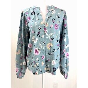 Ann Taylor Factory Floral Blouse Womens Small Blue 100% Cotton Long Sleeve